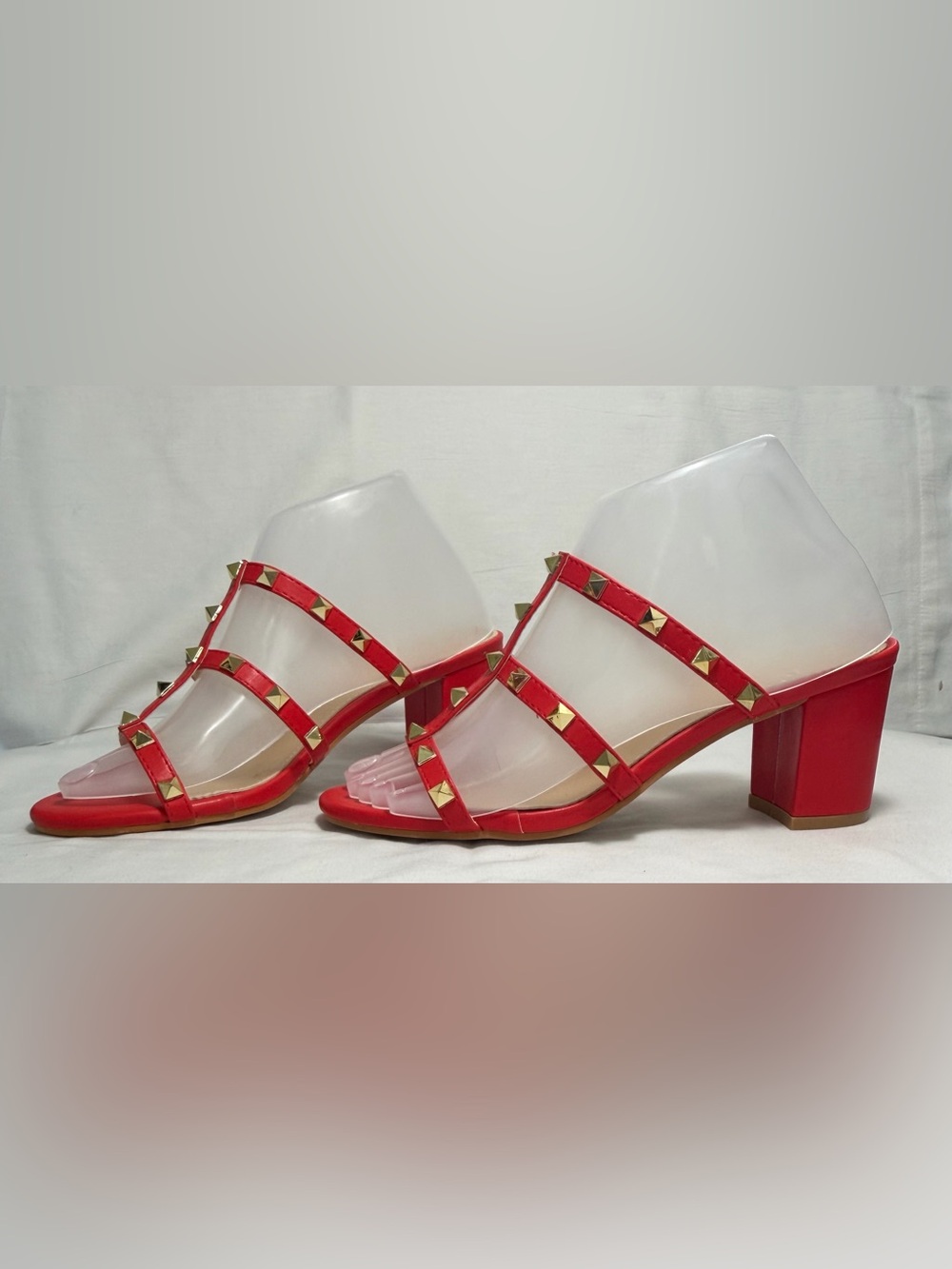 Olivia Miller Red Gold Studded Strappy Block Heel Slide sandals size 8 - Picture 2 of 5